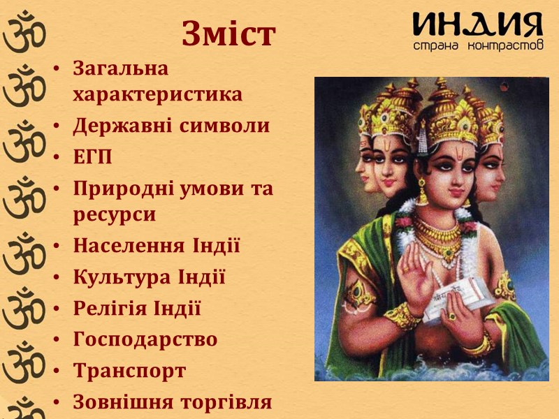 Зміст Загальна характеристика Державні символи ЕГП Природні умови та ресурси Населення Індії Культура Індії